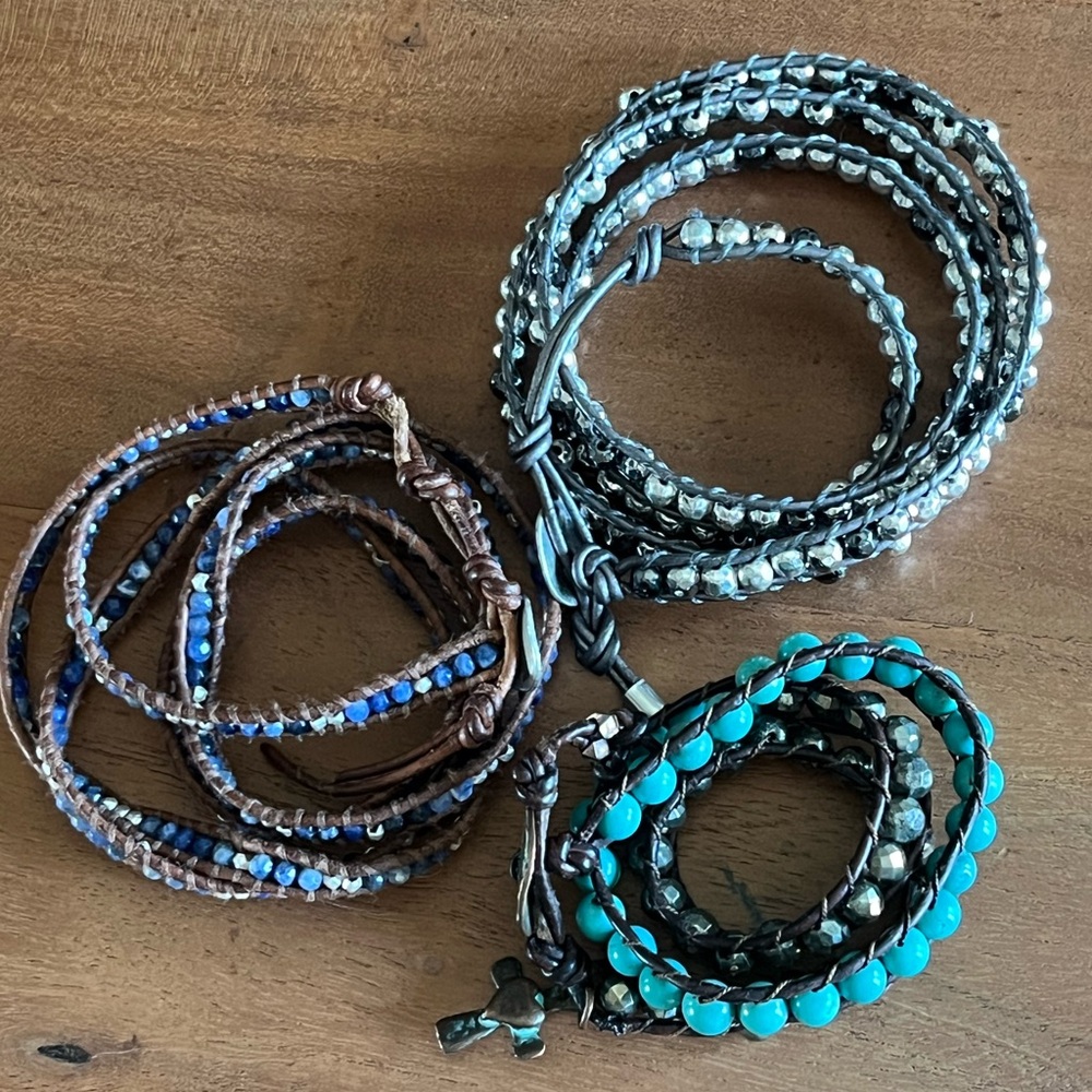 Lot of 3 Beaded Wrap Bracelet Faux Leather Faceted Beads Blue Silver Chan Luu